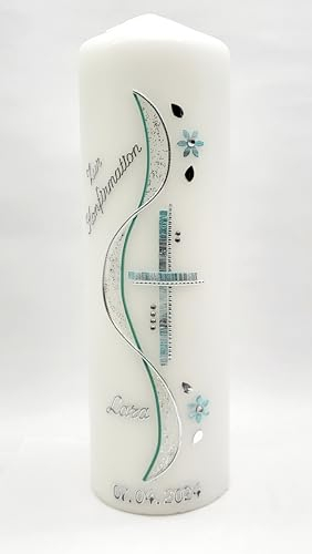 Konfirmationskerze K-08m in vers. Farben inkl. Namen und Datum - auch zur Kommunion (Spruch auf Rückseite möglich)