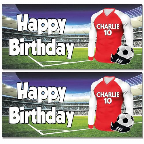 AK Giftshop Personalised Football Birthday Banner Party Decoration Red & White Shirt Team Colours - (pack of 2)