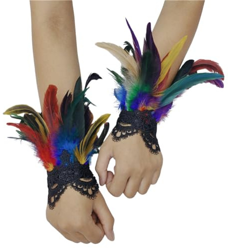 Asudaro Frauen Feder Handgelenk Manschetten, 1pair Floral Lace Armbänder Gothic Mesh Armband Lange Handschuhe Armstulpen Arm Stulpe Handschuhe Armschmuck für Cosplay Halloween Party Kostüm