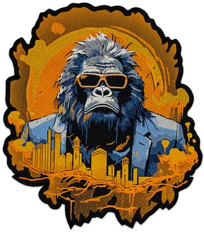 EMBROVERSE Urban Gorilla Boss bestickter großer Aufnäher – luxuriöser cooler Affen-Stadtbildhintergrund, Street-Style, zum Aufbügeln auf der Rückseite, Jacken-Zubehör, 31,9 x 35,6 cm