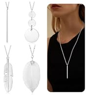 Diamday 4 Stück Lange Kette Damen Kette Gold Silber Lange Anhänger Halsketten Set für Damen Mädchen Statement Kette Bar Feather Circle Leaf Anhänger Y Halskette Lange Pullover Halsketten Modeschmuck