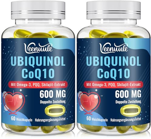 Ubiquinol CoQ10 600 mg Capsules Molles Avec Extrait de Shilajit 300 mg, Omega-3 150 mg - Système de Livraison Dual - Absorption Améliorée (60 unidades (paquete de 2))