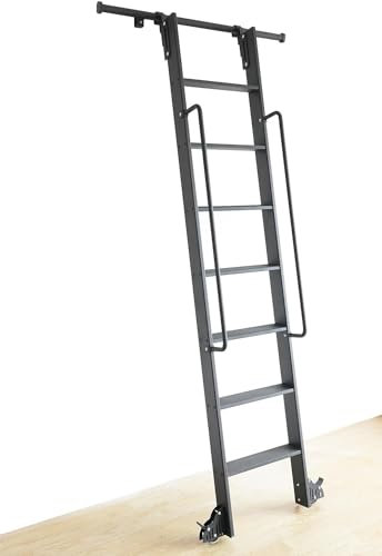 HARDJULAN 96 Telescopic Sliding Library Ladder with Handrail – Lightweight Aluminum Rolling Ladder with Braking Wheels, 4FT Hook Ladder Track Kit for Home, Loft, and Bookshelves