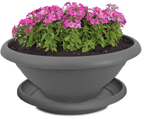 Pflanzkübel und Untersetzer als wetterfeste Pflanz-Schale mit Loch - runder 45 cm Pflanztopf in grau als frostsicherer Blumenkübel für außen - großer Pflanzentopf als Grab-Schmuck Blumentopf