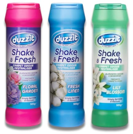 Shake and Vac Carpet Freshener and Odour Neutraliser Set of 3 Assorted Scents (Fresh Linen, Lily Blossom, Floral Garden), 500g Each, Carpet Deodorizer Powder by Great British Home