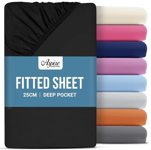 Aspire Homeware Single Fitted Sheet - 25 cm Deep Hotel Quality (Black) Bed Sheets - Soft & Breathable Fitted Sheet Single Bed - Anti-Wrinkle Easy Care Fitted Sheets