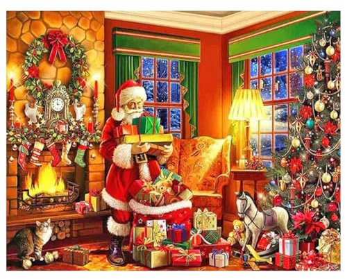 SHEGZHUC 50x40 cm Diamantmalerei Weihnachtsfenster Bilder Diamant Kunst Santa Claus Weihnachtsbaum Kreuzstich Geschenk Dekoration