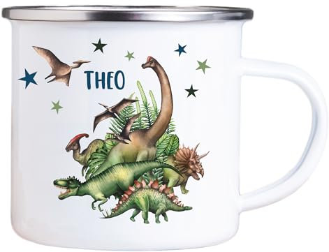 4youDesign Emaille Tasse Kinder personalisiert – Dinogruppe – Dinosaurier Namenstasse – Geschenk für Jungen & Mädchen – Bruchsicher & Leicht – Geschenkidee zur Einschulung & Geburtstag - 300ml