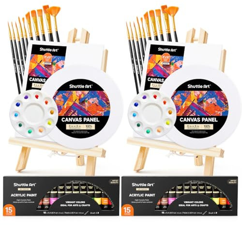 Shuttle Art Set di 58 colori acrilici, kit per pittura con 2 confezioni da 15 colori acrilici, 2 set di cavalletti in legno, tela, pennelli e tavolozze, kit di forniture per pittura artistica per