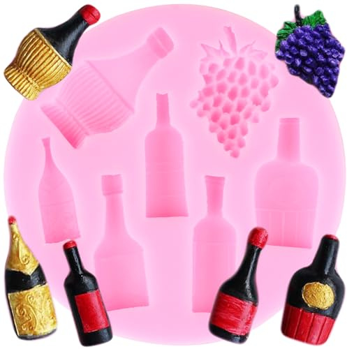 XMOLDNMS Molde de fondant de silicona en forma de botella de vino, botella de champán de uva, molde de fondant para decorar tartas, cupcakes, chocolate, pasta de flores, dulces, arcilla polimérica