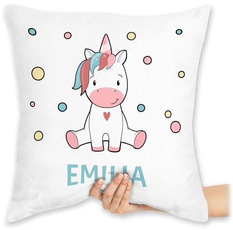 Kissen 40x40 Zierkissen - Einhörner - Süßes Einhorn mit Name Geschenk für Mädchen Unicorn | - 40 x 40 cm - Weiß - einhornkissen Unicorns personalisiertes Einhorn-Kissen einhörnern