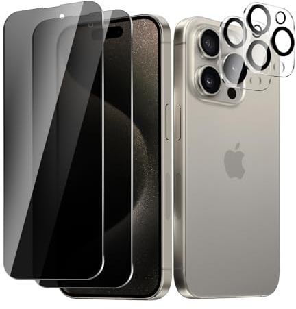 BIESHKJ 2 Stück Sichtschutzfolie für iPhone 15 Pro Max, Anti-Spy Panzer Schutz Glas + Kameraschutz, HD-Hartglasfolie, 9H-Härte, Kratzfest, Blasenfrei