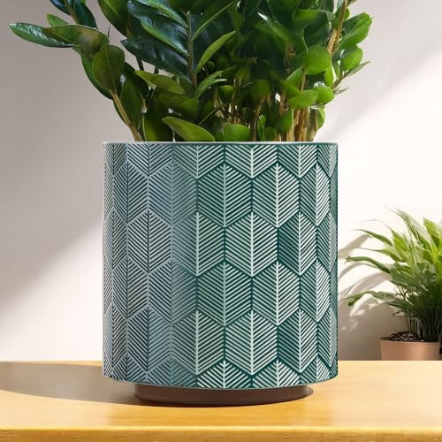 AmiCera Moderne Blumentopf Sechseckiges Muster, Boho Übertopf für Zimmerpflanzen, Dekorative Blumen Pflanztopf mit Drainage, Eklektische Sukkulenten Gartenarbeit Topf Funky Geschenke, Grün