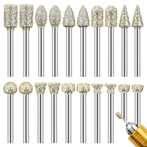 Diamond Grinding Bit Set, 20 Pieces, Stone Carving Set, Diamond Burr Drill Bits, Compatible with Dremel Rotary Tool Accessories, Suitable for Ceramic, Agate, and Glass Engraving and Polishing.