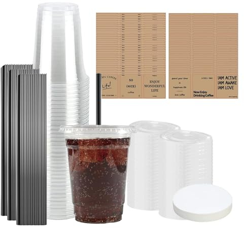 DYUEE Lot de 50 gobelets à smoothie de 500 ml avec couvercles et paille, gobelets recyclables et réutilisables avec papier étanche, gobelets à café transparents pour les boissons en déplacement