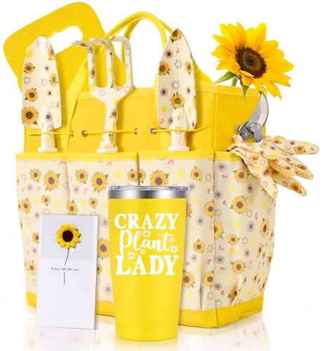 Gardening Gifts for Women, Gardening Tools for Women, 9 PCS Garden Tools Set Kit with Garden Tool Bag, Plant Lover Birthday Sunflower for Mom Grandma Aunt, Yellow