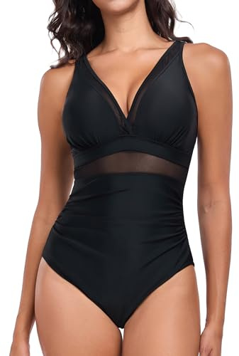 Vevarble Swimming Costume Women Tummy Control One Piece Swimsuit V Neck Swimwear Sexy Bathing Suit (HEI-L) Black
