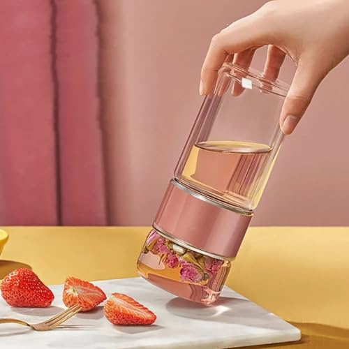 420ml/14oz Glass Tea Infuser Bottle, Glass Water Bottle Tea Cup with Infuser Tea Tumbler Water Bottle Diffuser Bottles Tea Cup for Loose Tea Flower Herbal(Rosy Gold)