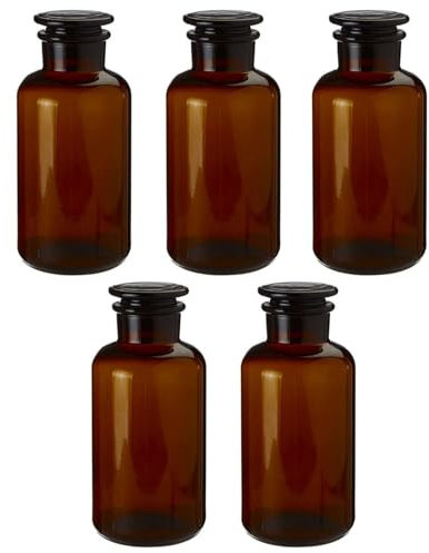 UNIQUE HOME LIVING Apothecary Jar Set of 5 Reagent Bottles, 500ml Amber Glass Storage Jars with Lid, Reusable Vintage Refillable Container for Herbs, Spices, Oils, Bath Salts, Lotion, Perfume
