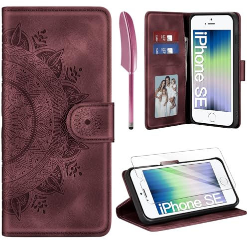 ivencase für iPhone SE 2022/2020 iPhone 8/7 Hülle und Schutzfolie, Weinrot | Premium Klappbar Handyhülle, Magnet, Kartenfach, Ständer, PU Leder, Flip Wallet Schutzhülle