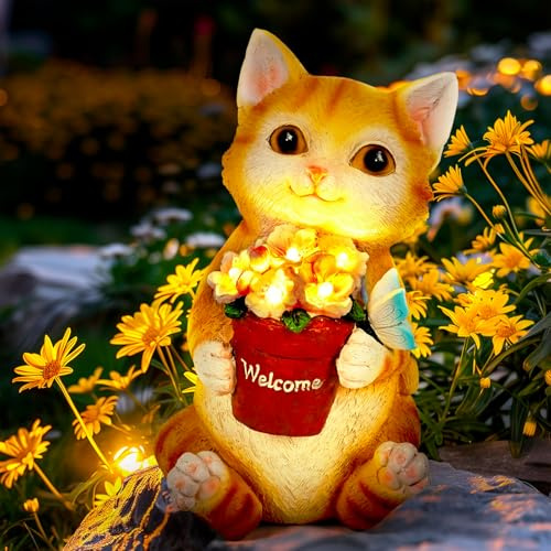 Solar Katzen Figuren Gartendeko für Draußen Wetterfest, Solar Garten Deko Katzen Figuren mit LED Licht, Solar Katzenfigur mit Leuchtende Blumentopf für Garten, Balkon, Terrasse, Teich Deko (A)