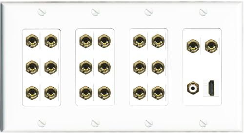 RiteAV Placa de pared con sonido envolvente 10.1, 10 altavoces, 20 conectores banana con subwoofer RCA + conectores HDMI hembra, 4 bandas [blanco]