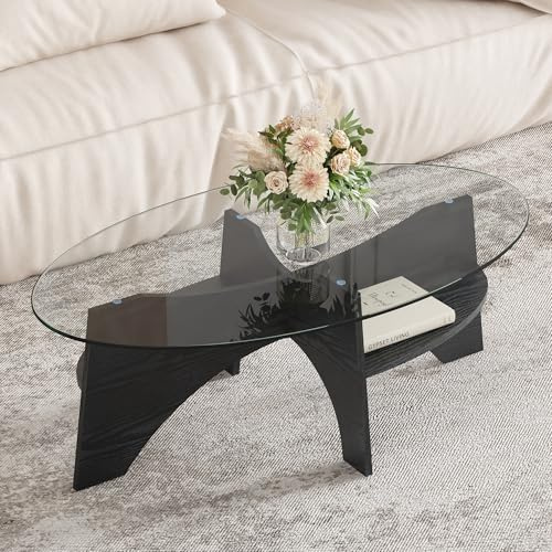 JUFU Couchtisch Glas, Wohnzimmertisch mit Stauraum modern, Glastisch Kaffeetisch 105cm mit Oberfläche aus Hartglas und MDF Gestell (Schwarz-Oval)