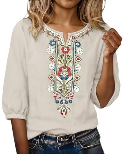 Auscfex Dam bomull linne broderi topp, handgjord blommig söm blus | andningsbar lös passform halv ärm sommar ledig skjorta, BEIgE, L