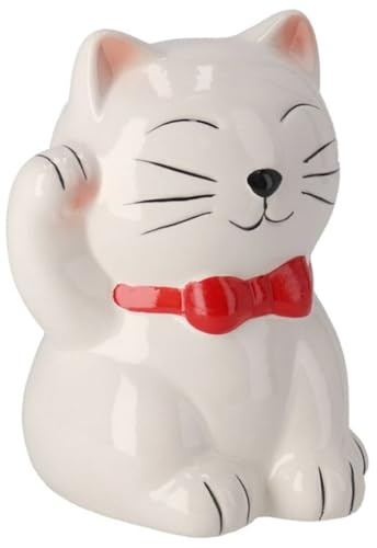 Maneki-Neko, salvadanaio con coperchio, in ceramica, bianco, con campanellino o papillon rosso, 14 x 13 x 17 cm, decorativo, confezione regalo inclusa