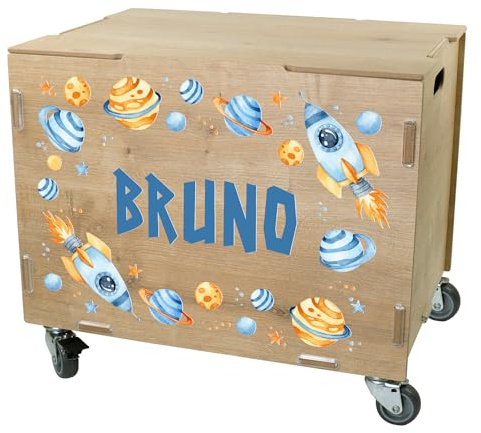 Striefchen® clipfritz Rollbox personalisiert mit Name – Personalisierbare Aufbewahrungsbox mit Rollen & Deckel – Spielzeugkiste aus Holz als Geschenk für Kinder (Weltraum)
