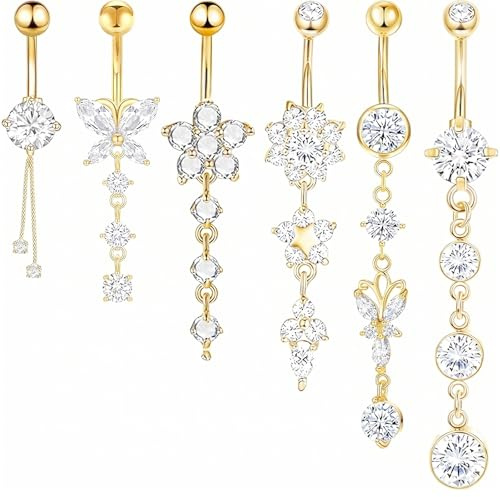 Vesavifaka Bauchnabelpiercing Gold, Bauchnabelpiercing Chirurgenstahl, Piercing Bauchnabel – Set da 6 anelli ombelicali pendenti con zirconi, Set di piercing ombelicale lungo impermeabile