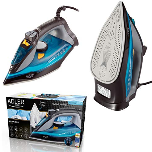 Adler AD5032 Dampfbügeleisen, 3000 W, Keramik-Bügelsohle, vertikal, Trockenbügeln, automatische Abschaltung, Antikalkfilter, auslaufsicher, 3000 W, 350 ml, Blau