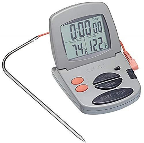 Taylor Pro In Oven Digital Meat Thermometer, Accurate Multi-Functional Food Cooking Probe with Digital Kitchen Timer, Great for Meat and BBQ, Plastic/Stainless Steel Grey,Grey