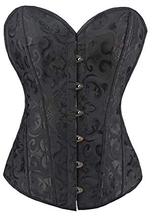 PAUSUNA Women's Classic Lace-up Floral Burlesque Basque Bustier Shaper Overbust Boned Corset Top (Black Floral Top, 10)