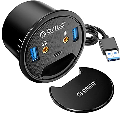 ORICO Desk Grommet USB 3.0 Hub with 2 Type-A 1 Type-C Port, Mic&Audio Jack, 4.9ft Long Cord for Diameter 60mm Hole, Desktop Cable Organizer, Home Office PC Accessories