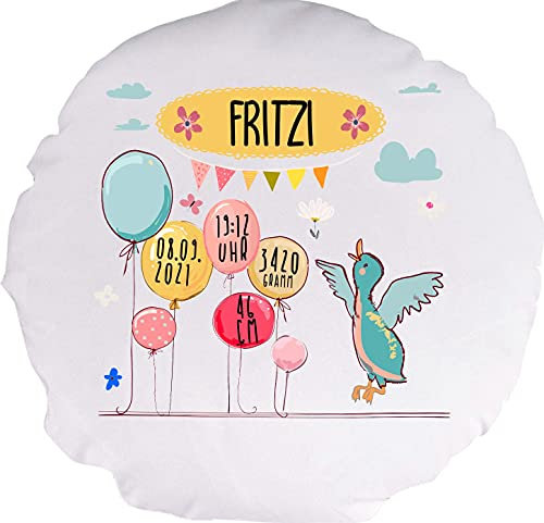 Kleckerliese Baby Kinder Kissen Personalisiert Kissenhülle Tiere Ente Balon Wolken Name Geburt Datum Uhrzeit Gewicht, 40 cm Farbe Weiß mit Füllung