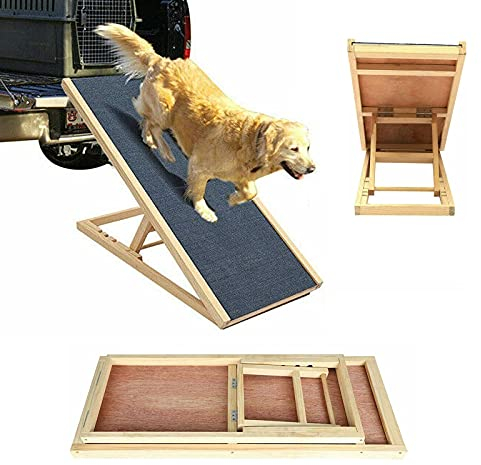 Hunderampe Auto Klappbar Haustierrampe Hunderampe für Hunde 2 höhenverstellbar Hundeautorampe Kofferraumrampe mit rutschfestem Teppich Holz Treppe Auffahrrampe Hundeleiter, 70cm x 35cm x 30-40cm