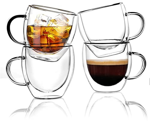 KitchenTour Insulated Coffee Mug 6 oz- Double Wall Glass Coffee Cup with Handle Set of 4 - Clear Glass Drinkware for Espresso，Cappuccino, Latte，Hot Beverages