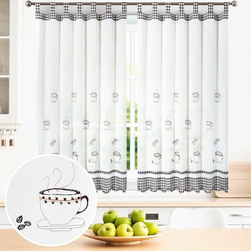BOD HOME, 2 Piezas, Cortinas Blancas Translúcidas con Trabillas. Cortinas para Cocina, Diseños de Frutas y Tazas con Acabado de Color. Cortina Media Altura Hecha de Poliéster, 100x150cm (AnchoxAlto)