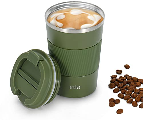 Artlive Coffee Cup, Reusable, Insulated & Double Wall Travel Mug - Travel Cup Thermal Stainless Steel Eco-Friendly with Lid - Hot & Cold Coffee Mug 510ml (GreenGrip, 380 ml)