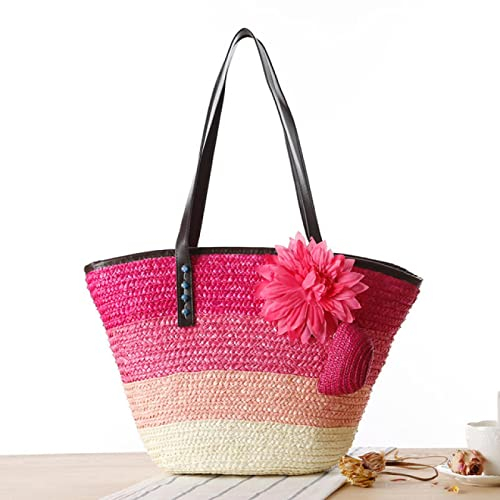 yyzlvffm Strandtasche Mode Strohtaschen Blume Böhmische Mode Damentaschen Vielseitig Bunt Gestreift Umhängetaschen Strandtaschen Große Tragetaschen 45X15X30 Rosa