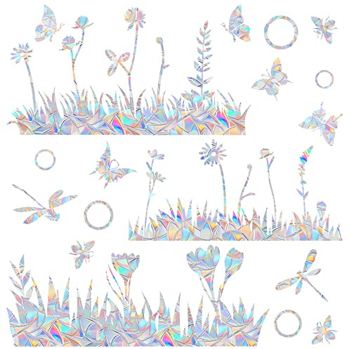Flower and Grass Anti-Collision Decals - Save Birds from Window Collisions, Reusable Vinyl Rainbow Stickers