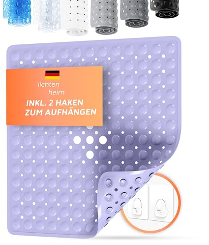 LICHTENHEIM Duschmatte rutschfest Sensitiv 53x53 cm Flieder | INKL 2 HAKEN, Badewannenmatte rutschfest, Antirutschmatte Badewanne, BPA frei, Badematte schimmelresistent & waschbar