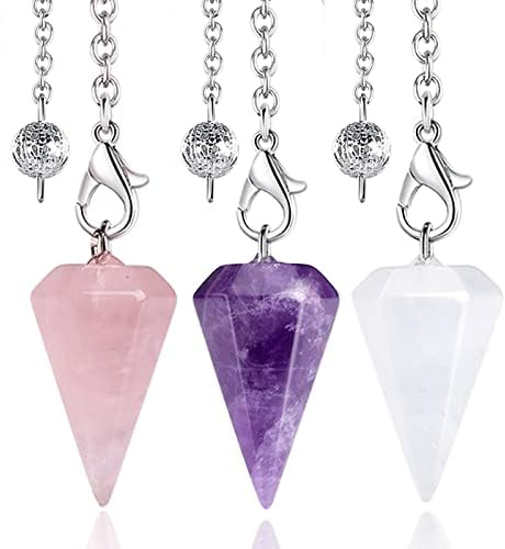 XIANNVXI 3pcs Kristalle Pendel Amethyst Rosenquarz Klarer Quarz Pendel für Weissagung Wünschelrute Pendel Kristall Edelsteine Kegel Anhänger Reiki Wicca Witchcraft Supplies