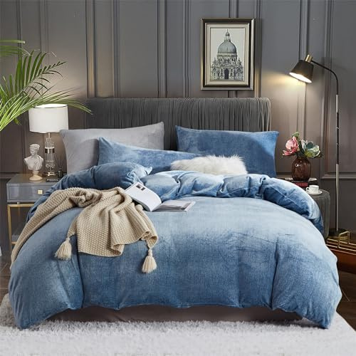 YASMENG Fluffy Velvet Duvet Cover Set Blue King Size Fall Winter Soft Warm Flannel Comforter Cover Royal Blue 104 x 90 Luxury Cozy Plush Fleece Reversible Bedding Duvet Cover Set 3pcs
