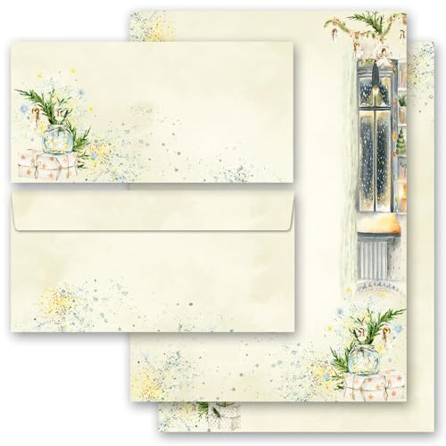 Briefpapier Set, 20 tlg. WINTERFENSTER, 10 Blatt Briefpapier + 10 passende Briefumschläge ohne Fenster, DIN A4 & DIN LANG im Set., Wintermotiv