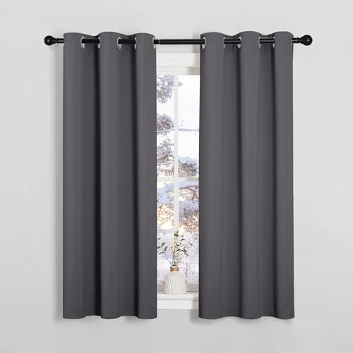 PONY DANCE Short Grey Blackout Curtains With Eyelet for Bedroom, Thermal Room Darkening Privacy Curtains & Drapes for Nursery Kids，Soundsproof Light Blocking Drapes, W 34 x L 54, 2 Panels, Gray