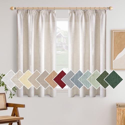 Woaboy Cortinas Lino Cortas con Cinta Fruncidora Visillos Dormitorio Ventana Translúcido Cortinas Modernas para Salón Habitación 2 Piezas 140x160cm Blanco Blanqueado