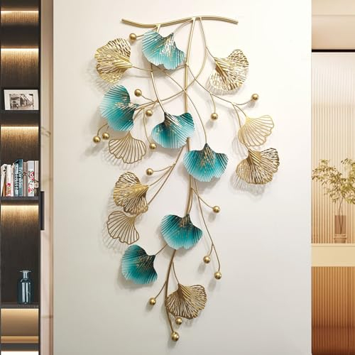 Ainydie Luxus Wanddekoration aus Metall, Moderne 3D Gingko Blätter Metallbild Wandornament Wandskulptur, Wandkunst für Wohnzimmer Schlafzimmer Esszimmer Wohnkultur,110x60cm
