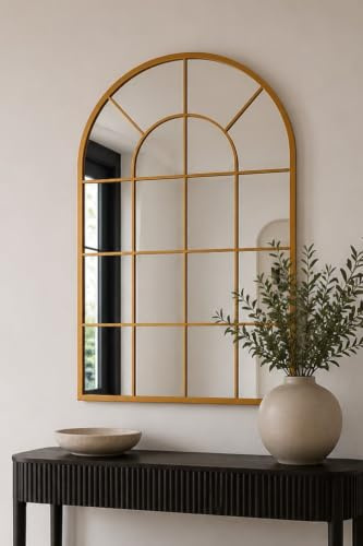 MirrorOutlet The Arcus - Espejo Inclinado para Ventana arqueado con Marco Dorado de 120 x 80 cm, Adecuado para Interior y Exterior